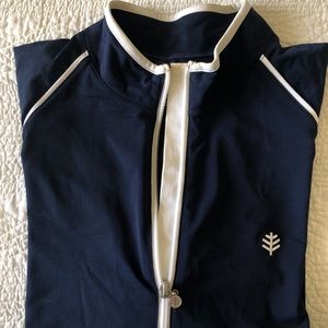 Zip front rash guard. Blue with white trim.